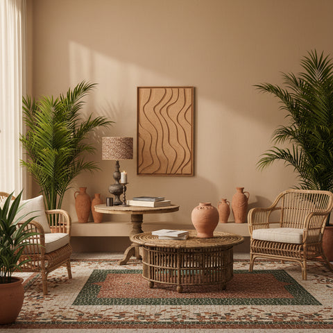 Room interior with FeltArt 'Oasis' in the color soft dune, 70x110, table, and chair.