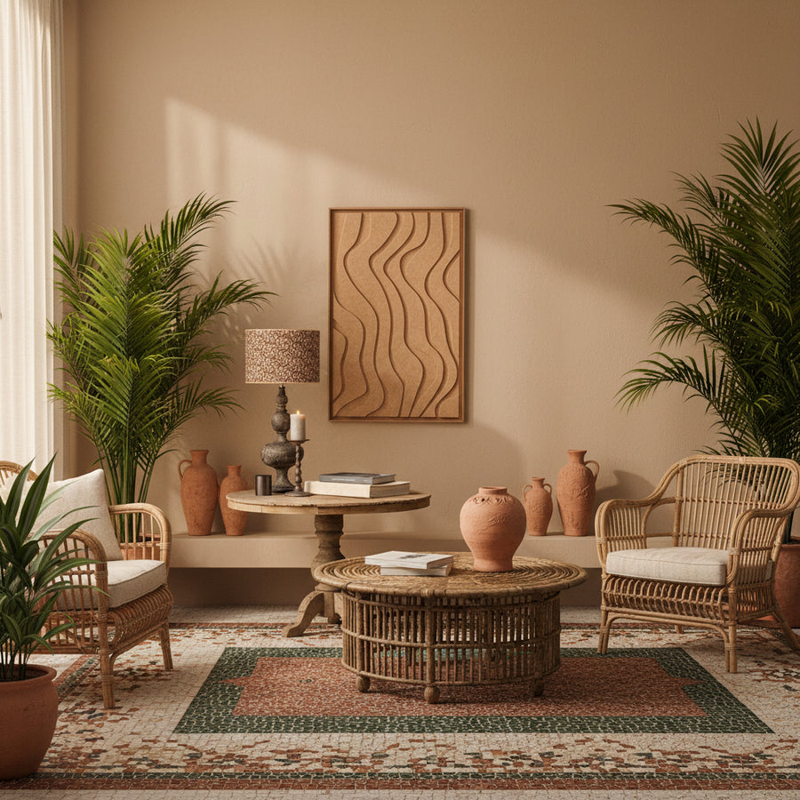 Room interior with FeltArt 'Oasis' in the color soft dune, 70x110, table, and chair.