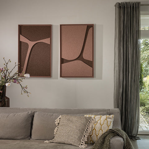 Living room with gray sofa, FeltArt 'Serene' in the color terra bloom, and decorative pillows, 70x110.