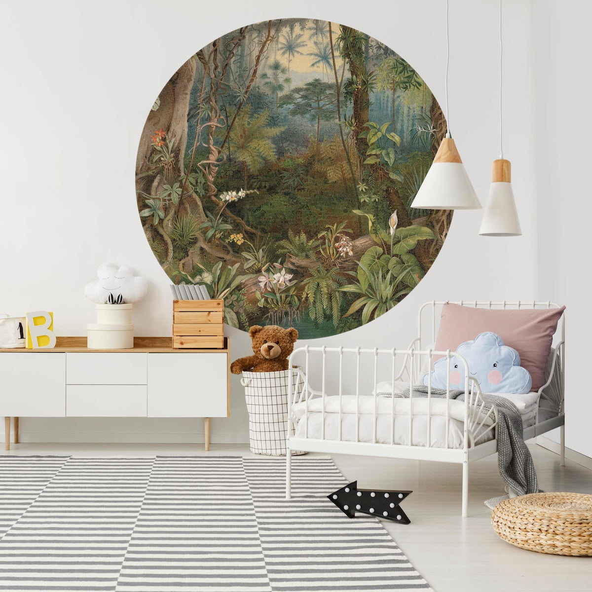 Children's room with a Wallpaper Circle in the jungle, white bed, and toys.