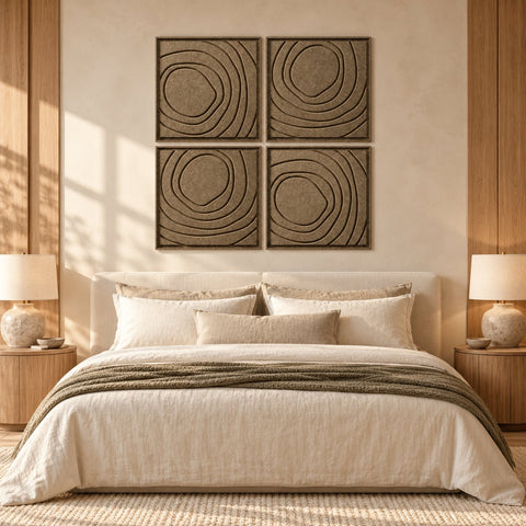 Interior with FeltArt 'Aura' set of 4 panels in the color olive mist, 60x60, second view.