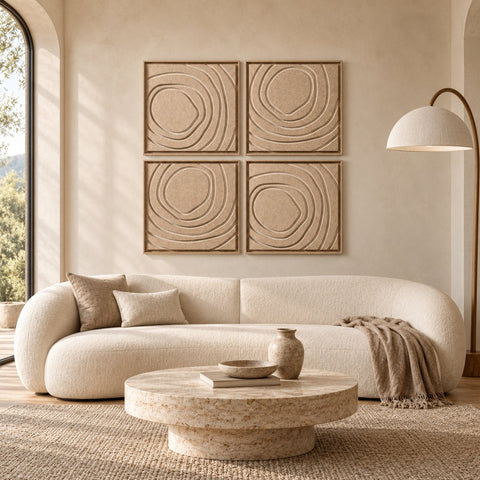Interior with FeltArt 'Aura' set of 4 panels in the color pale sand, 60x60.