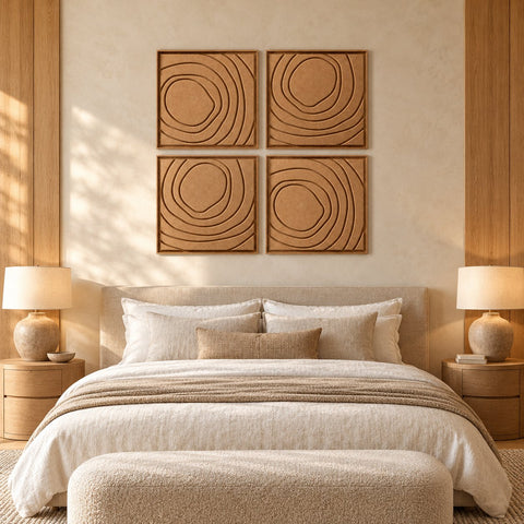 Interior with FeltArt 'Aura' set of 4 panels in the color soft dune, 60x60.