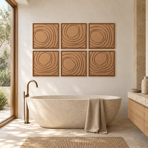Interior with FeltArt 'Aura' set of 6 panels in the color soft dune, 60x60, second view.