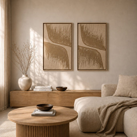 Interior with FeltArt 'Botany' in the color pale sand, 70x110.