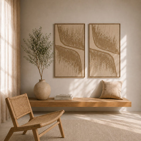Interior with FeltArt 'Botany' in the color pale sand, 70x110.
