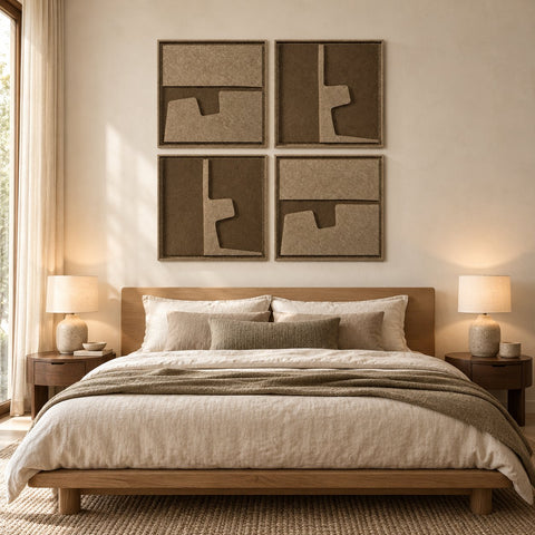 Interior with FeltArt 'Estile' set of 4 panels in the color olive mist, 60x60.
