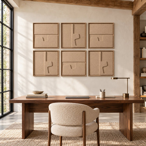 Interior with FeltArt 'Estile' set of 6 panels in the color pale sand, 60x60, second view.