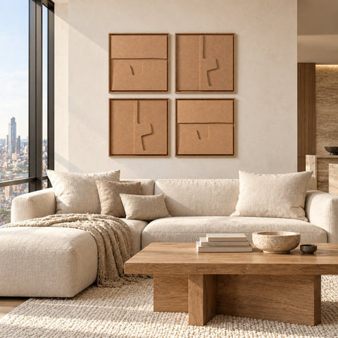 Interior with FeltArt 'Estile' set of 4 panels in the color soft dune, 60x60, second view.