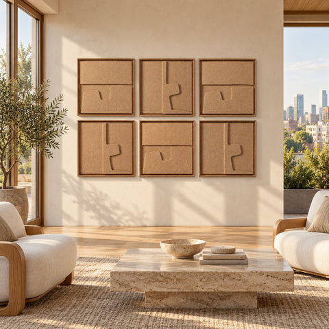 Interior with FeltArt 'Estile' set of 6 panels in the color soft dune, 60x60.