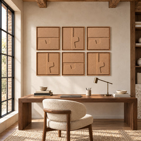 Interior with FeltArt 'Estile' set of 6 panels in the color soft dune, 60x60, second view.