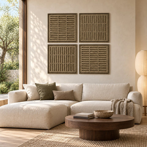 Interior with FeltArt 'Harmoni' set of 4 panels in the color olive mist, 60x60.