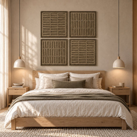 Interior with FeltArt 'Harmoni' set of 4 panels in the color olive mist, 60x60, second view.