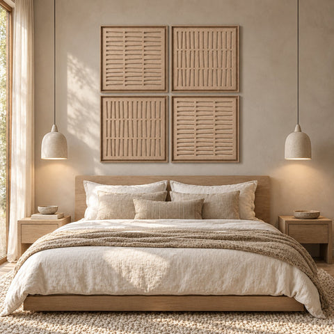 Interior with FeltArt 'Harmoni' set of 4 panels in the color pale sand, 60x60.