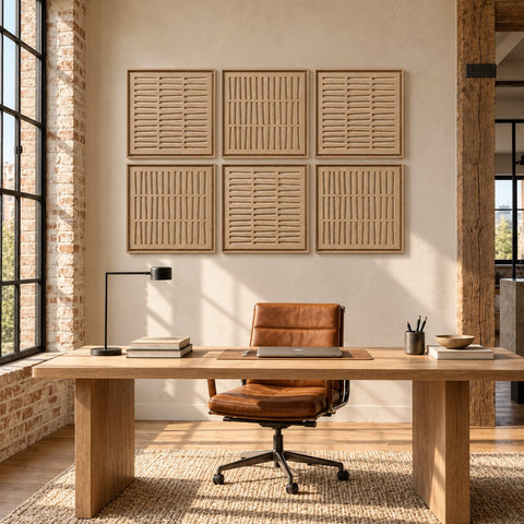Interior with FeltArt 'Harmoni' set of 6 panels in the color pale sand, 60x60, second view.