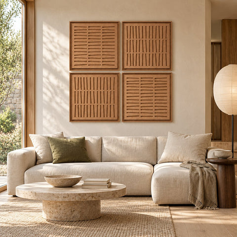 Interior with FeltArt 'Harmoni' set of 4 panels in the color soft dune, 60x60, second view.