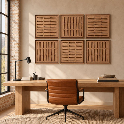 Interior with FeltArt 'Harmoni' set of 6 panels in the color soft dune, 60x60, second view.