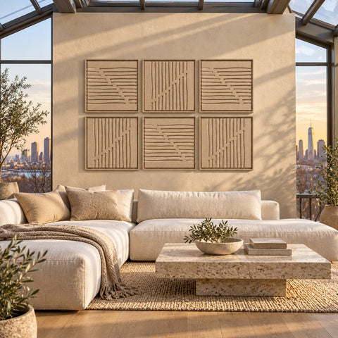 Interior with FeltArt 'Linoa' set of 6 panels in the color pale sand, 60x60.