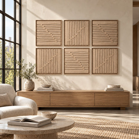 Interior with FeltArt 'Linoa' set of 6 panels in the color pale sand, 60x60, second view.