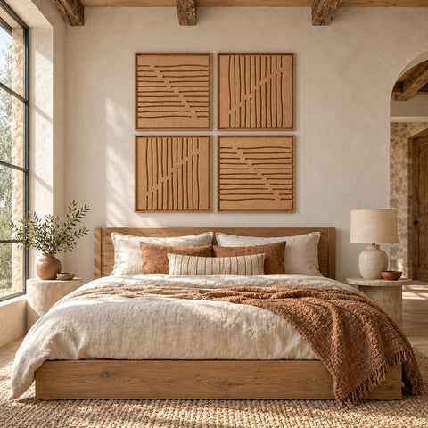 Interior with FeltArt 'Linoa' set of 4 panels in the color soft dune, 60x60, second view.