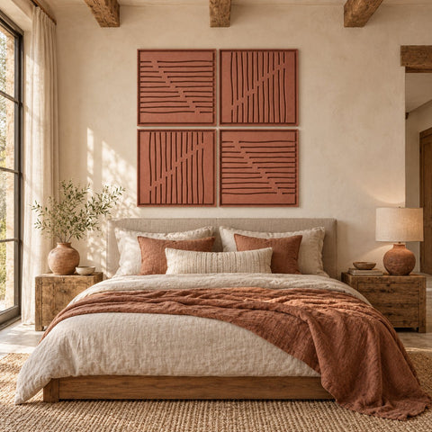 Interior with FeltArt 'Linoa' set of 4 panels in the color terra bloom, 60x60.
