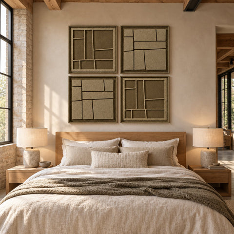 Interior with FeltArt 'Modura' set of 4 panels in the color olive mist, 60x60, second view.
