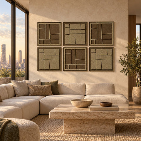 Interior with FeltArt 'Modura' set of 6 panels in the color olive mist, 60x60.
