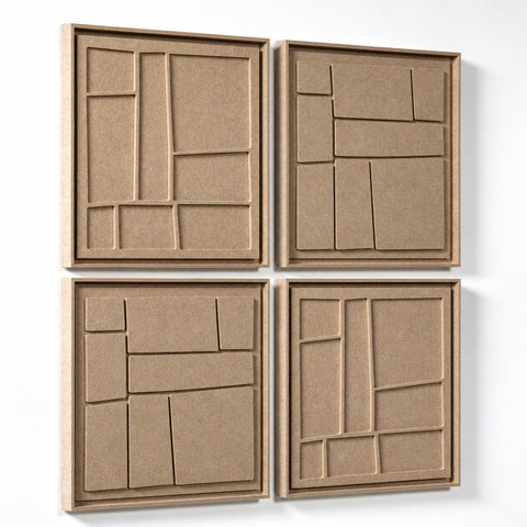 Side view of FeltArt 'Modura' set of 4 panels in the color pale sand, 60x60.
