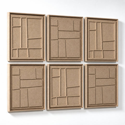 Side view of FeltArt 'Modura' set of 6 panels in the color pale sand, 60x60.