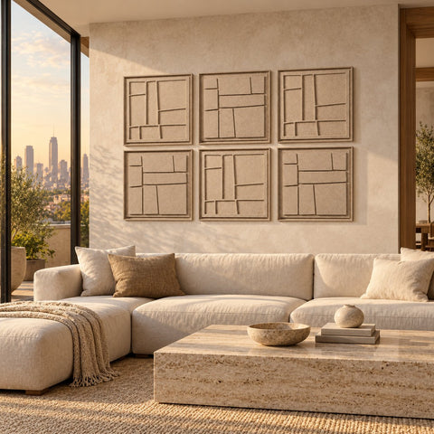 Interior with FeltArt 'Modura' set of 6 panels in the color pale sand, 60x60.