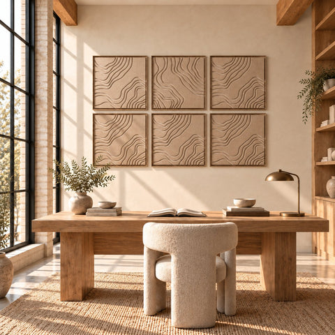 Interior with FeltArt 'Naturale' set of 6 panels in the color pale sand, 60x60.