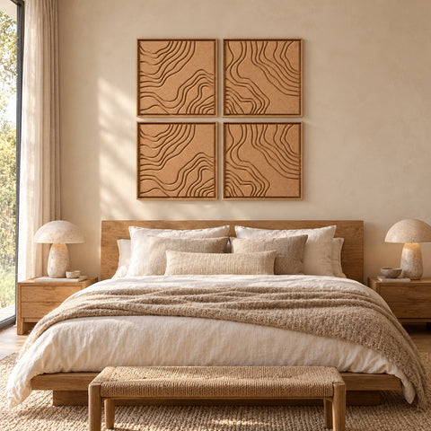 Interior with FeltArt 'Naturale' set of 4 panels in the color soft dune, 60x60, second view.