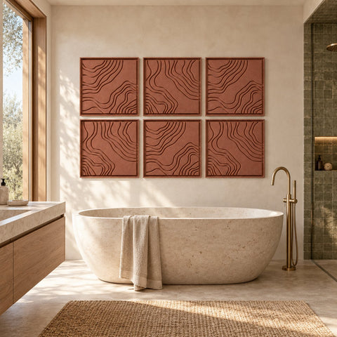 Interior with FeltArt 'Naturale' set of 6 panels in the color terra bloom, 60x60, second view.