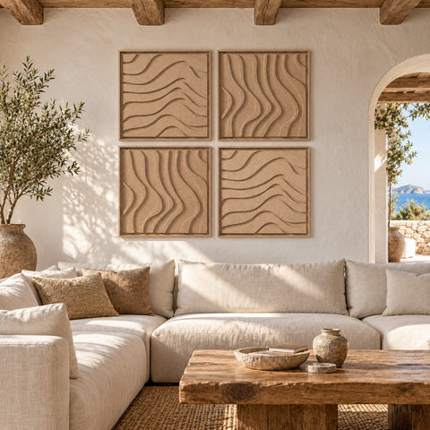 Interior with FeltArt 'Oasis' set of 4 panels in the color pale sand, 60x60, second view.