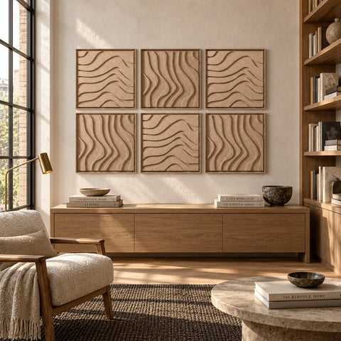 Interior with FeltArt 'Oasis' set of 6 panels in the color pale sand, 60x60.