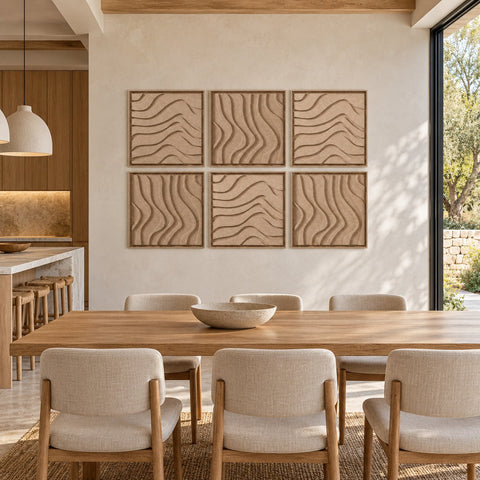 Interior with FeltArt 'Oasis' set of 6 panels in the color pale sand, 60x60, second view.