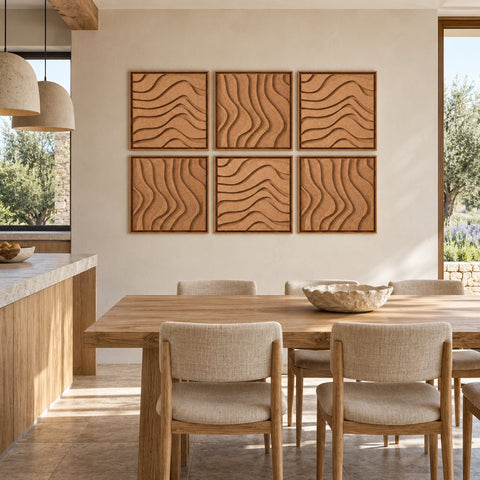 Interior with FeltArt 'Oasis' set of 6 panels in the color soft dune, 60x60.