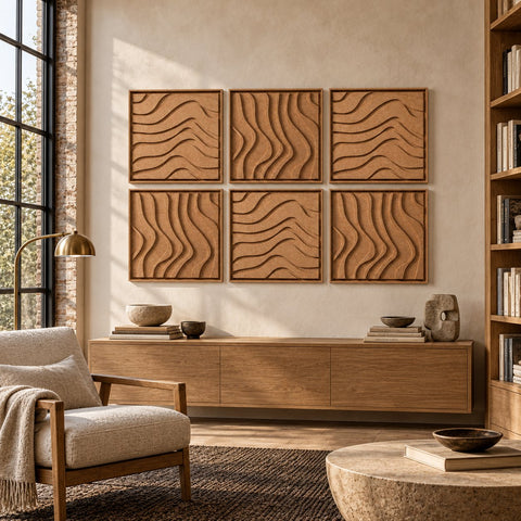 Interior with FeltArt 'Oasis' set of 6 panels in the color soft dune, 60x60, second view.