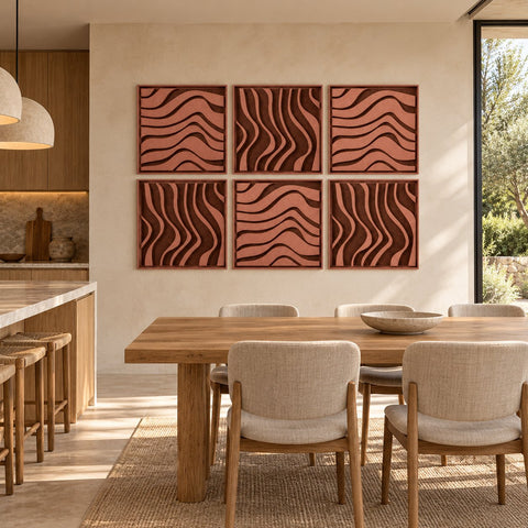 Interior with FeltArt 'Oasis' set of 6 panels in the color terra bloom, 60x60.