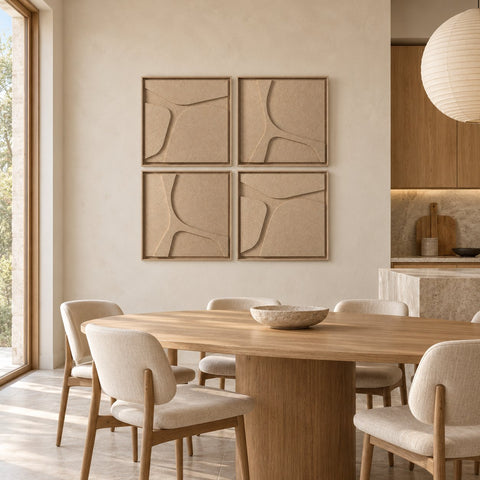 Interior with FeltArt 'Serene' set of 4 panels in the color pale sand, 60x60.