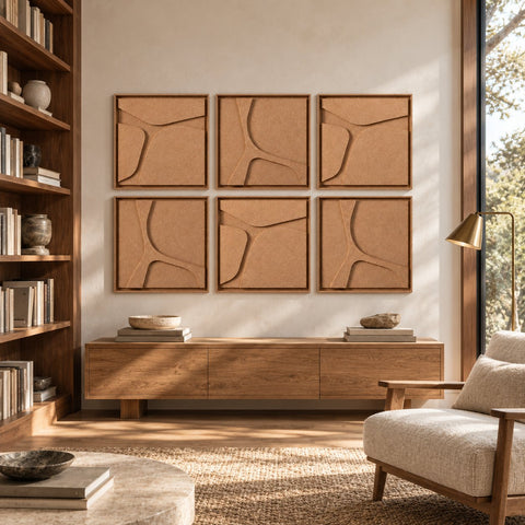 Interior with FeltArt 'Serene' set of 6 panels in the color soft dune, 60x60.