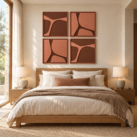 Interior with FeltArt 'Serene' set of 4 panels in the color terra bloom, 60x60, second view.