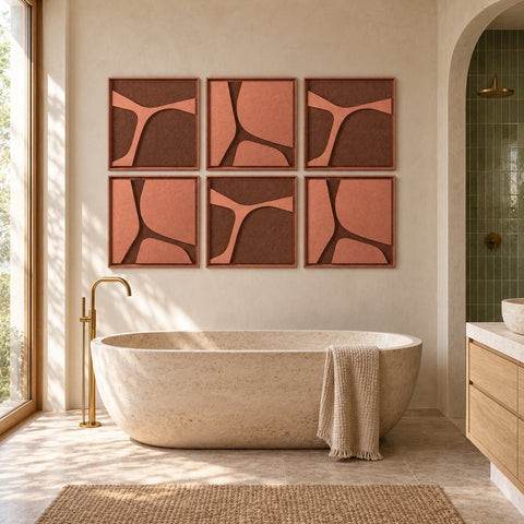 Interior with FeltArt 'Serene' set of 6 panels in the color terra bloom, 60x60.