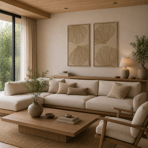 Interior with FeltArt 'Verdure' in the color pale sand, 70x110.