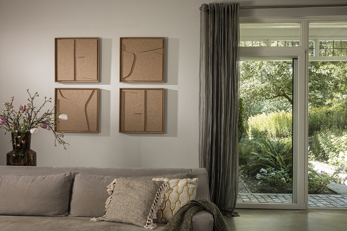 Living room with a gray sofa, decorative pillows, and FeltArt 'Serene' in the color soft dune, 60x60.