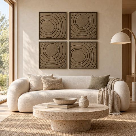 Interior with FeltArt 'Aura' set of 4 panels in the color olive mist, 60x60.