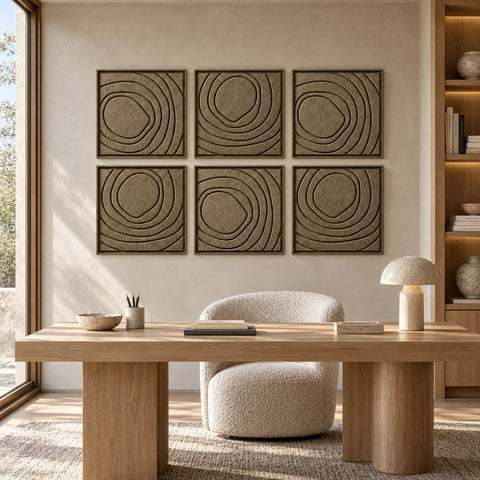 Interior with FeltArt 'Aura' set of 6 panels in the color olive mist, 60x60.