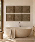 Interior with FeltArt 'Aura' set of 6 panels in the color olive mist, 60x60, second view.