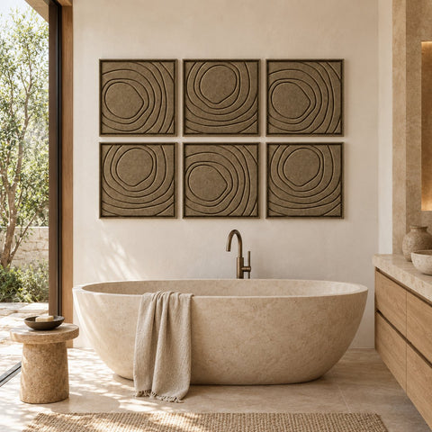 Interior with FeltArt 'Aura' set of 6 panels in the color olive mist, 60x60, second view.