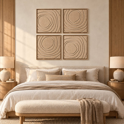 Interior with FeltArt 'Aura' set of 4 panels in the color pale sand, 60x60, second view.